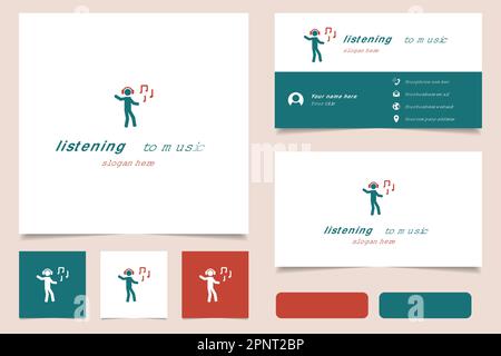 Listening to music logo design with editable slogan. Branding book and business card template. Stock Vector
