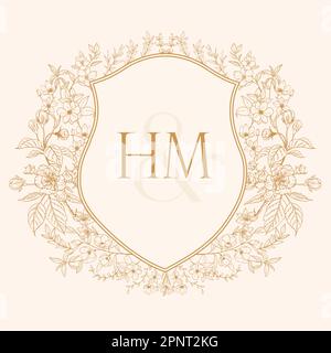 HM Initial Wedding Monogram Logo Crest, Wedding Logo Design, Custom Wreath, Crest Initial Wedding Logo Stock Vector
