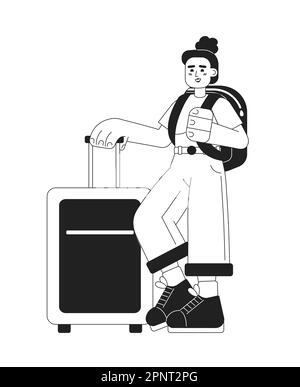 Female traveller with suitcase and backpack monochromatic flat vector character Stock Vector