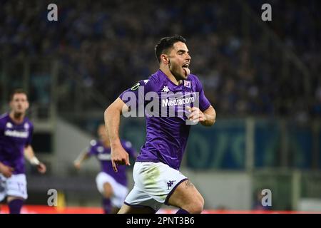 Artemio Franchi stadium, Florence, Italy, April 20, 2023, Lorenzo Venuti (ACF  Fiorentina) celebrates after a goal during ACF Fiorentina vs Lech Pozn  Stock Photo - Alamy