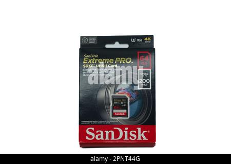Irvine, Scotland, UK-March 18, 2023: SanDisk branded Extreme Pro SDXC UHS-1 Card with graphics icons and general information relevant to the product. Stock Photo