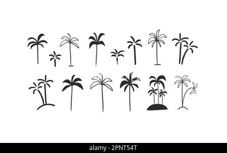 Hand drawn vector abstract graphic line collection set with diverse drawing different palm trees icons.Vector doodle palm trees outline and silhouette Stock Vector