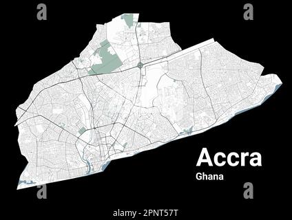 Accra map, capital city of Ghana. Municipal administrative area map with rivers and roads, parks and railways. Vector illustration. Stock Vector
