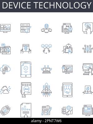 Device technology line icons collection. Communication nerk, Information technology, Surveillance system, Electronic gadget, Computing technology Stock Vector