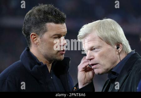 Munich, Deutschland. 19th Apr, 2023. firo: 04/19/2023, football, soccer, Champions League, season 2022/2023, quarter-finals second leg, FC Bayern Munich - Manchester City 1:1 FCB management, management chairman, Bayern boss, boss, Oliver Kahn, Michael Ballack TV expert DAZN/dpa/Alamy Live News Stock Photo