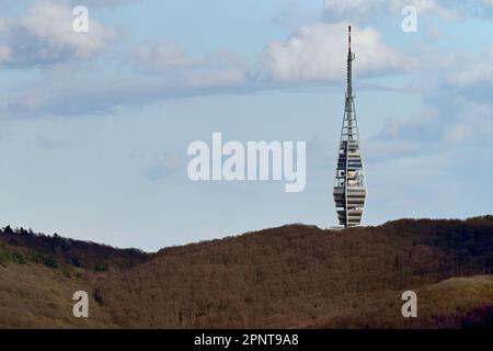 Kamzík television and observation tower rising above woodland in Bratislava Stock Photo