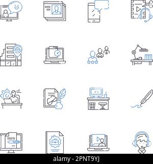 Virtual work line icons collection. Remote, Telecommuting, Digital, Online, Virtual, Distance, Web-based vector and linear illustration. Cyber Stock Vector