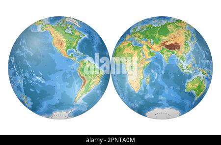 Highly detailed physical World Map in globe shape of Earth. Nicolosi globular projection – 3D. Stock Vector
