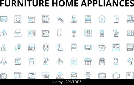 Furniture home appliances linear icons set. Sofa, Chair, Table, Bed, Dresser, Desk, Bookcase vector symbols and line concept signs. Ottoman,Recliner Stock Vector