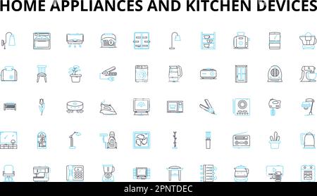 Home appliances and kitchen devices linear icons set. Refrigerator, Microwave, Blender, Toaster, Dishwasher, Oven, Juicer vector symbols and line Stock Vector