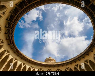 Gothic arched central courtyard of Bellver Castle the Castillo de Bellver high on a hill overlooking Palma de Majorca in the Balearic Islands of Spain Stock Photo