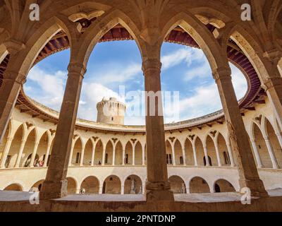 Gothic arched central courtyard of Bellver Castle the Castillo de Bellver high on a hill overlooking Palma de Majorca in the Balearic Islands of Spain Stock Photo