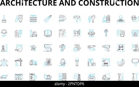Architecture and construction linear icons set. Blueprint, Foundation, Modern, Traditional, Structure, Design, Innovation vector symbols and line Stock Vector