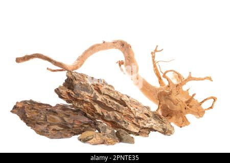 Ohko dragon stone with red moor driftwood for freshwater aquarium aquascaping design isolated on the white background. Stock Photo