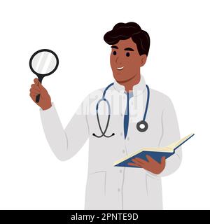 Curiosity concept. Smiling female black man with a tablet and a stethoscope, standing looking at something with a magnifying glass. Stock Vector