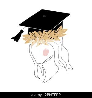 Cute girl silhouette in graduation cap decorated with doodle laurel wreath. Happy graduate student. Continuous line style. Vector isolated Stock Vector