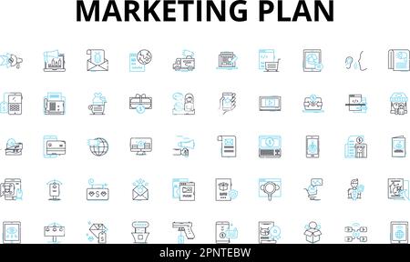 Marketing plan linear icons set. Strategy, Objectives, SWOT, Segmentation, Differentiation, Positioning, Branding vector symbols and line concept Stock Vector