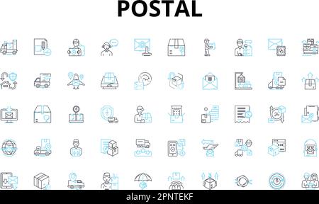 Postal linear icons set. Envelopes, Packages, Stamps, Mailboxes, Letters, Postmarks, Couriers vector symbols and line concept signs. Delivery Stock Vector