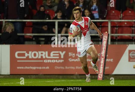 St Helens Saints' Jon Bennison goes over for a try against Warrington Wolves, during the Betfred Super League match at the Totally Wicked Stadium, St Helens. Picture date: Thursday April 20, 2023. Stock Photo