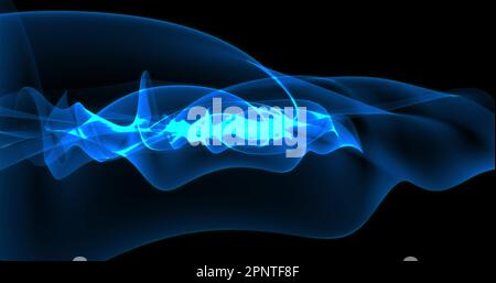 Abstract background. Blue lines and waves look like magical energy beautiful glowing smoke in space or fabric. Stock Photo