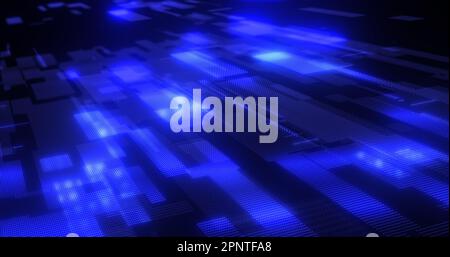Abstract background blue from futuristic hi-tech rectangles of pixel particles flying with glow effect and background blur, screensaver. Stock Photo