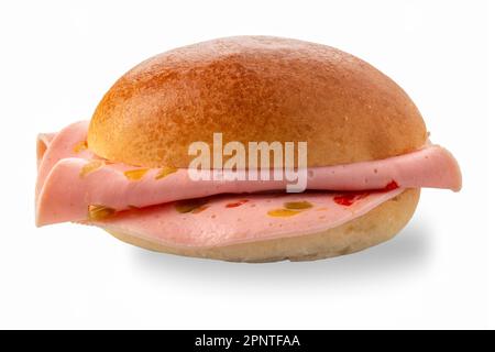 Sandwich with lyoner sausage, bun stuffed with slices of bologna isolated on white with clipping path Stock Photo