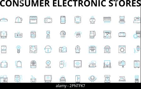 Consumer electronic stores linear icons set. Gadgets, Appliances, Smartphs, Tablets, Laptops, Cameras, Headphs vector symbols and line concept signs Stock Vector