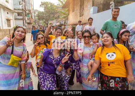 Rakhine communities celebrate 'Shangrain', popularly known as the water festival in Cox's Bazar. The indigenous communities come together and engage in water play to purify all the sorrows and despair left behind by the passing year on the occasion of welcoming the new year, also known as Sangrain. The festival, which will continue for three days, bids farewell to the previous year and welcomes the new year. The traditional belief is that a gloomy and unsavoury past can be washed away with a fresh start in the upcoming. (Photo by Zakir Hossain/Pacific Press) Stock Photo