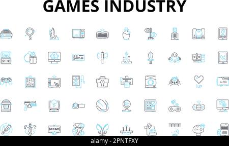 Games industry linear icons set. Gaming, Competition, Innovation, Fun, Strategy, Entertainment, Multiplayer vector symbols and line concept signs Stock Vector