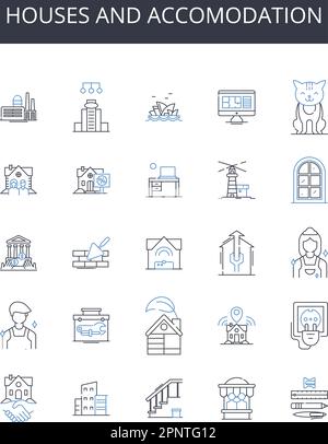 Houses and accomodation line icons collection. Residences, Dwellings, Homes, Apartments, Condos, Cottages, Bungalows vector and linear illustration Stock Vector