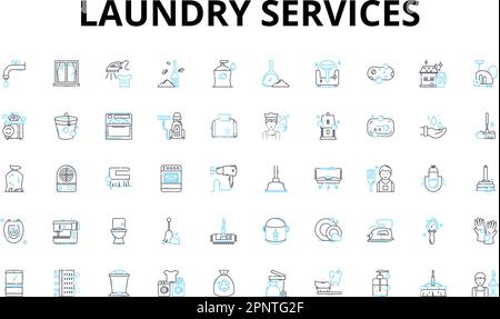 Laundry services linear icons set. Washing, Drying, Ironing, Folding, Stain-removal, Bleaching, Dry-cleaning vector symbols and line concept signs Stock Vector