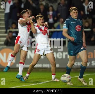 St Helens Saints' Jon Bennison (right) celebraters his try with Lewis Dodd, during the Betfred Super League match at the Totally Wicked Stadium, St Helens. Picture date: Thursday April 20, 2023. Stock Photo