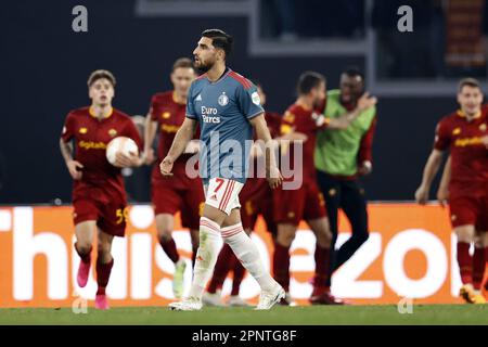 Rome, Italy. April 20, 2023. (lr) Alireza Jahanbaksh of Feyenoord is disappointed after the 1-0 draw during the UEFA Europa League quarterfinal match between AS Roma and Feyenoord at Stadio Olimpico Rome on April 20, 2023 in Rome, Italy. ANP MAURICE VAN STONE Stock Photo