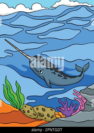 Narwhal Animal Colored Cartoon Illustration Stock Vector