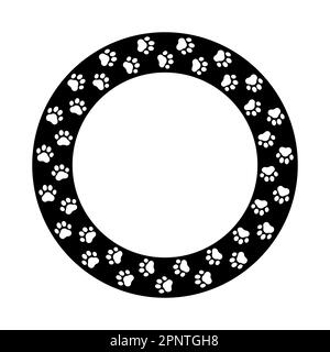 Frame paw pattern. Cute circle border dog or cat. Black footprint boarder isolated on white background. Mark animal frames. Silhouette step for design Stock Vector