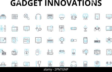 Gadget innovations linear icons set. Smartwatch, Augmented, Virtual, Automated, Intelligent, Wearables, Nanotechnology vector symbols and line concept Stock Vector