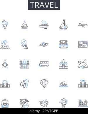 Travel line icons collection. Journey, Voyage, Trek, Expedition, Odyssey, Adventure, Excursion vector and linear illustration. Pilgrimage,Touring Stock Vector