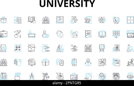University linear icons set. Academics, Campus, Education, Student, Faculty, Research, Diversity vector symbols and line concept signs. Community Stock Vector