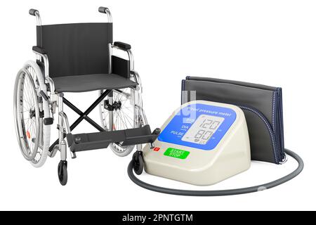 Automatic Digital Blood Pressure Monitor with manual wheelchair. 3D rendering isolated on white background Stock Photo