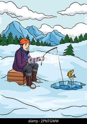 Ice Fishing Colored Cartoon Illustration Stock Vector Image & Art - Alamy