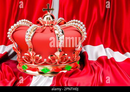 Royal golden crown with jewels on the Kingdom of Denmark flag background, 3D rendering Stock Photo