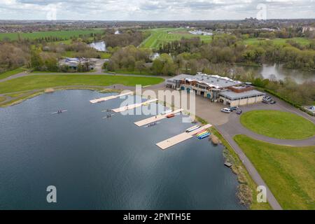 Aerial view of the rowing lake at Dorney Lake (home of the London 2012 Olympic rowing events), beside the River Thames, Windsor, UK. Stock Photo