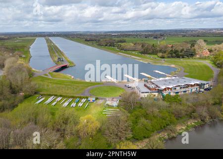 Aerial view of the rowing lake at Dorney Lake (home of the London 2012 Olympic rowing events), beside the River Thames, Windsor, UK. Stock Photo