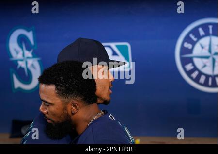 Seattle Mariners Teoscar Hernandez swings through while batting against the  Colorado Rockies during the third inning of a baseball game, Friday, April  14, 2023, in Seattle. (AP Photo/John Froschauer Stock Photo - Alamy