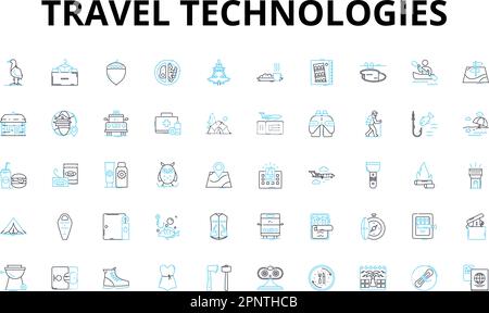 Travel technologies linear icons set. Geolocation, E-ticketing, Virtual reality, Mobile booking, Loyalty, Wi-Fi, Artificial intelligence vector Stock Vector