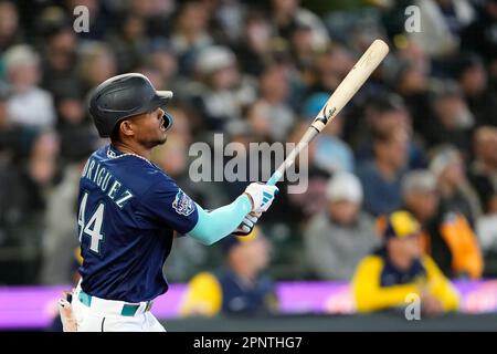 Seattle Mariners' Julio Rodriguez waits for a pitch during an at