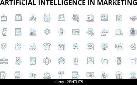 Artificial intelligence in marketing linear icons set. Automation, Optimization, Personalization, Segmentation, Targeting, Predictive, Analytics Stock Vector