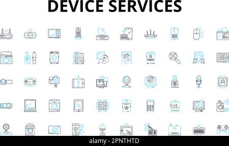 Device services linear icons set. Repairs, Maintenance, Upgrades, Optimization, Diagnostics, Troubleshooting, Configuration vector symbols and line Stock Vector