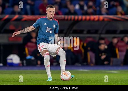 Rome, Italy.  20th April, 2023.  Quilindschy Hartman of Feyenoord passes the ball prior the UEFA Europa League Quarter-finals, 2st leg match between AS Roma and Feyenoord at Stadio Olimpico on April 20, 2023 in  (Photo by Andre Weening/ Orange Pictures) Credit: Orange Pics BV/Alamy Live News Stock Photo
