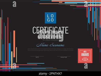 Modern dark certificate of achievement template with place for your content - red and blue stripes pattern texture design. Fresh creative diploma cert Stock Vector